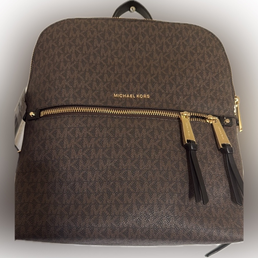 Michael Kors Brown and Gold Backpack with Signature MK Monogram